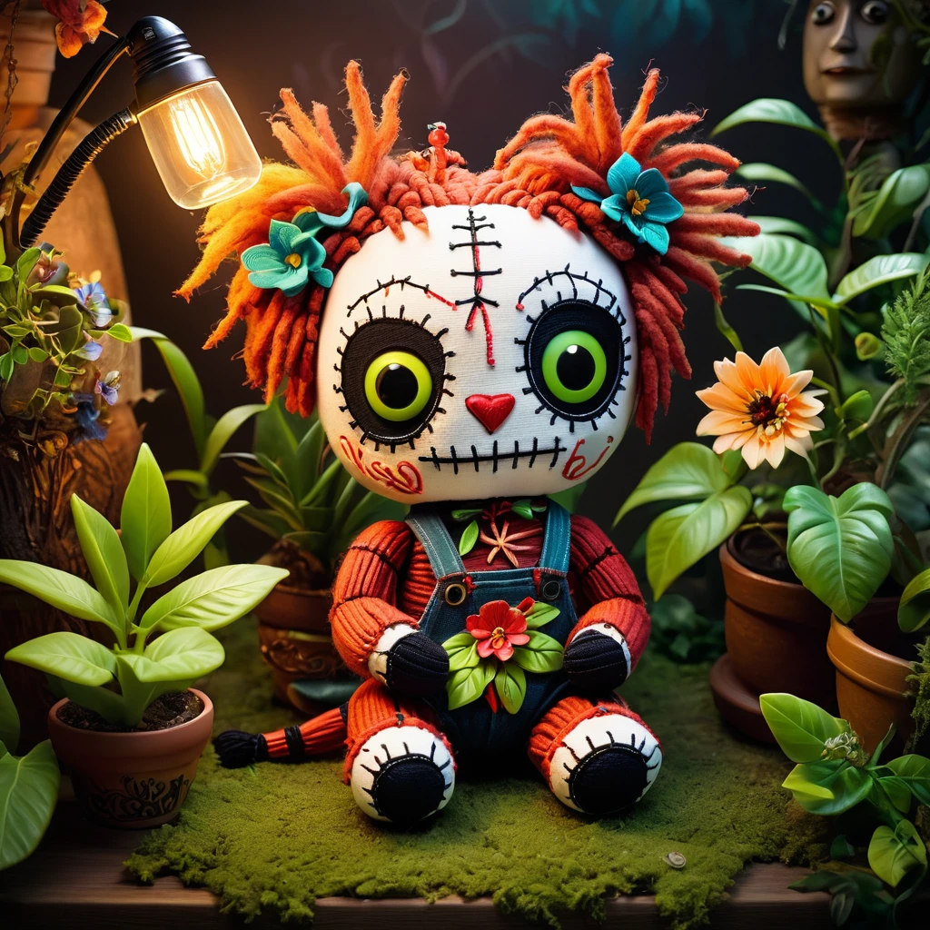 (knitted toy voodoo doll:1.9), (Voodoo Lemur Gardener:1.3), (Clothing: earthy overalls with leaf patterns:1.0), (Accessories: glowing watering can, enchanted plant pots:1.2), (background: mystical garden with floating flowers and magical vines:1.2), best quality, masterpiece, detailed soft oil painting, detailed background, dramatic cinematic lighting, soft edge lighting, professional, dramatic lighting, hard edge lighting, ultra quality, 4k,masterpiece, best quality, 8k, ultra highres, highres, extremely detailed