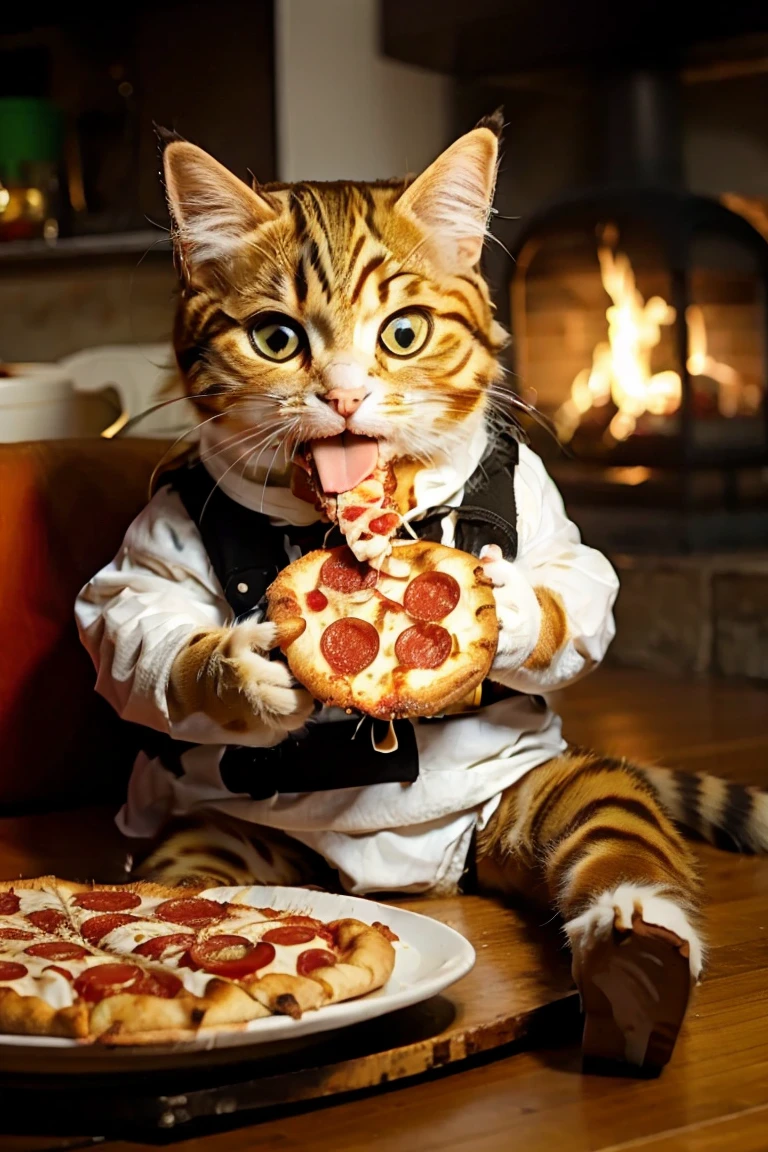 cat is eating pizza