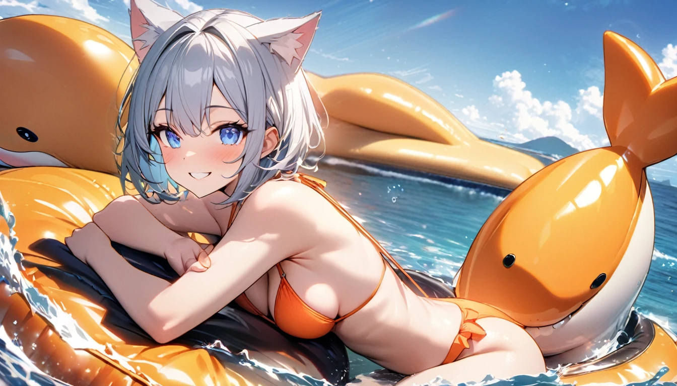 1girl、(((best quality)), ((masterpiece)), (details), masterpiece, best quality, high quality, ulutra detailed, perfect face, ((1girl, Blue eyes, cat ears: 1.3 silver bob hair: 2.5,))、Shiny Hair、Glowing Skin、smile、Lustful look、I can see your toned stomach、Sideboob、iding on the inflatable killer whale float.Ocean、Ocean上、Ocean水浴、Orange Bikini、smile、Heart effect