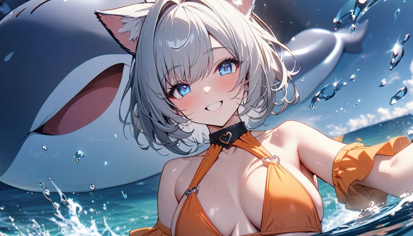 1girl、(((best quality)), ((masterpiece)), (details), masterpiece, best quality, high quality, ulutra detailed, perfect face, ((1girl, Blue eyes, cat ears: 1.3 silver bob hair: 2.5,))、Shiny Hair、Glowing Skin、smile、Lustful look、I can see your toned stomach、Sideboob、iding on the inflatable killer whale float.Ocean、Ocean上、Ocean水浴、Orange Bikini、smile、Heart effect