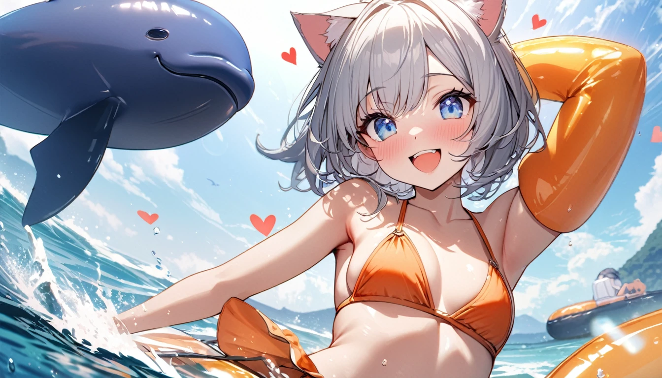 1girl、(((best quality)), ((masterpiece)), (details), masterpiece, best quality, high quality, ulutra detailed, perfect face, ((1girl, Blue eyes, cat ears: 1.3 silver bob hair: 2.5,))、Shiny Hair、Glowing Skin、smile、Lustful look、I can see your toned stomach、Sideboob、iding on the inflatable killer whale float.Ocean、Ocean上、Ocean水浴、Orange Bikini、smile、Heart effect