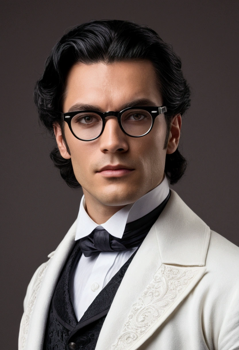very handsome man, manly and king who appears to hide his beauty with very ugly glasses that make him look ugly young man of about 27 years old, dressed like in Victorian times. White as snow and black hair, gray eyes and very, very handsome and strong.