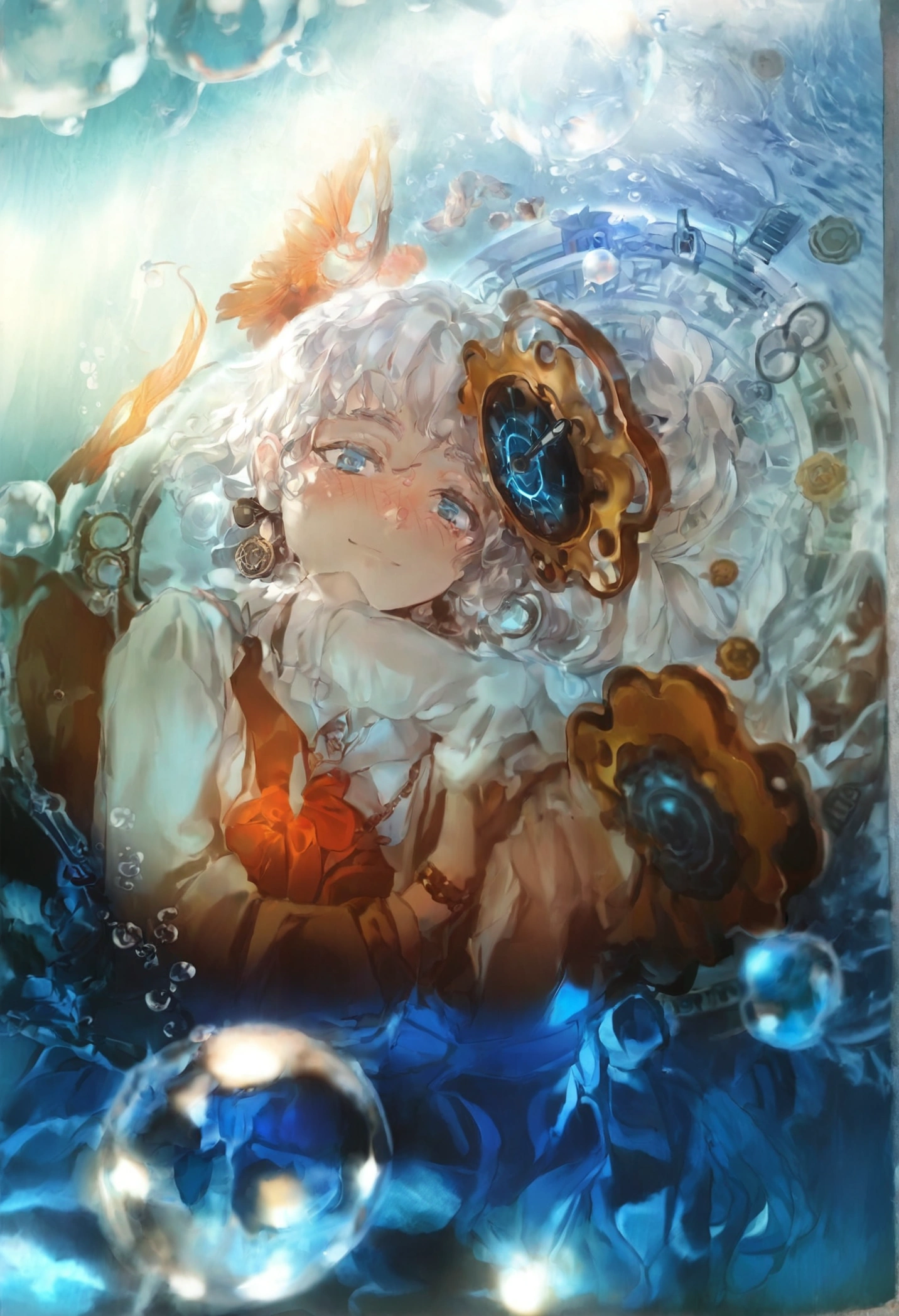 Masterpiece, very aesthetic, best quality, 1girl, white hair, blue eyes, clock, lying, blue theme, bubbles, iridescent, colorful, detailed, smile, nose blush