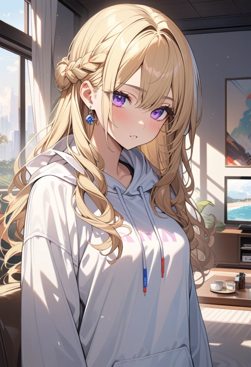 masterpiece, best quality, extremely detailed, ultra detailed, flat anime, 2D,
1girl, (young adult:1.2),blonde hair, (semi-long hair:1.2), curly hair, french braid, medium breasts, purple eyes, tsurime, height 1.7meters, 
white hooded sweatshirt, jeans,  earring,bracelet, long sleeves,socks,
very interesting,
upper body, portrait, 
summer, livingroom, 12AM., standing