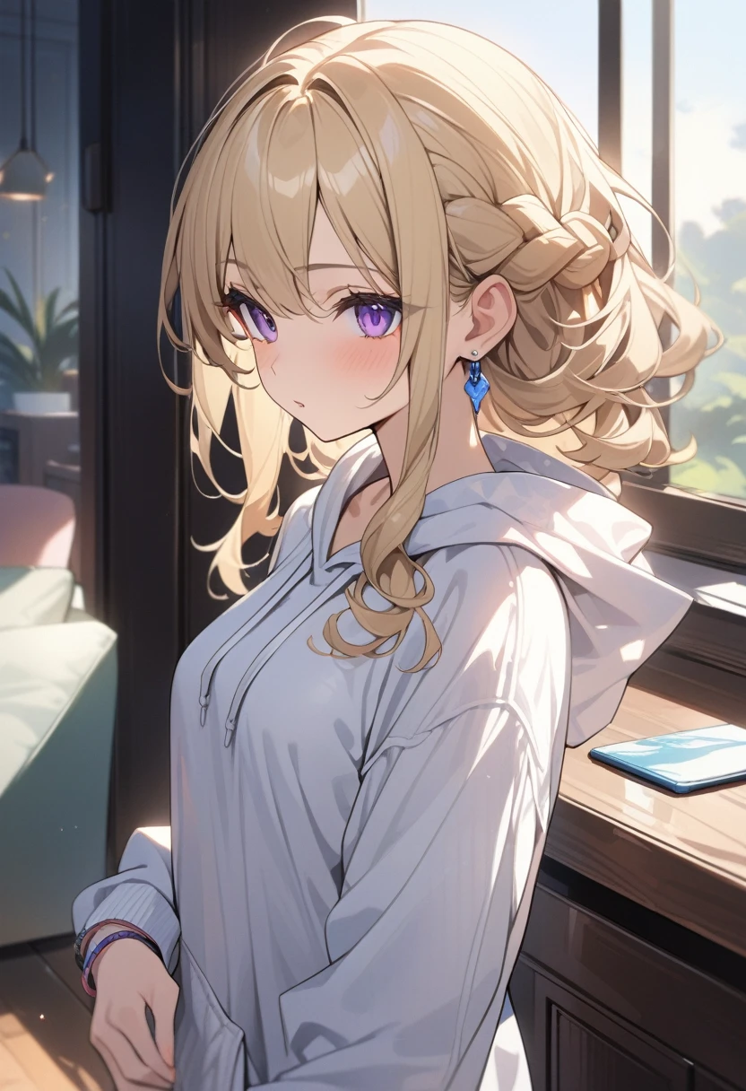 masterpiece, best quality, extremely detailed, ultra detailed, flat anime, 2D,
1girl, (young adult:1.2),blonde hair, (semi-long hair:1.2), curly hair, french braid, medium breasts, purple eyes, tsurime, height 1.7meters,
white hooded sweatshirt, jeans, earring,bracelet, long sleeves,socks,
very interesting,
upper body, portrait,
summer, livingroom, 12AM., standing