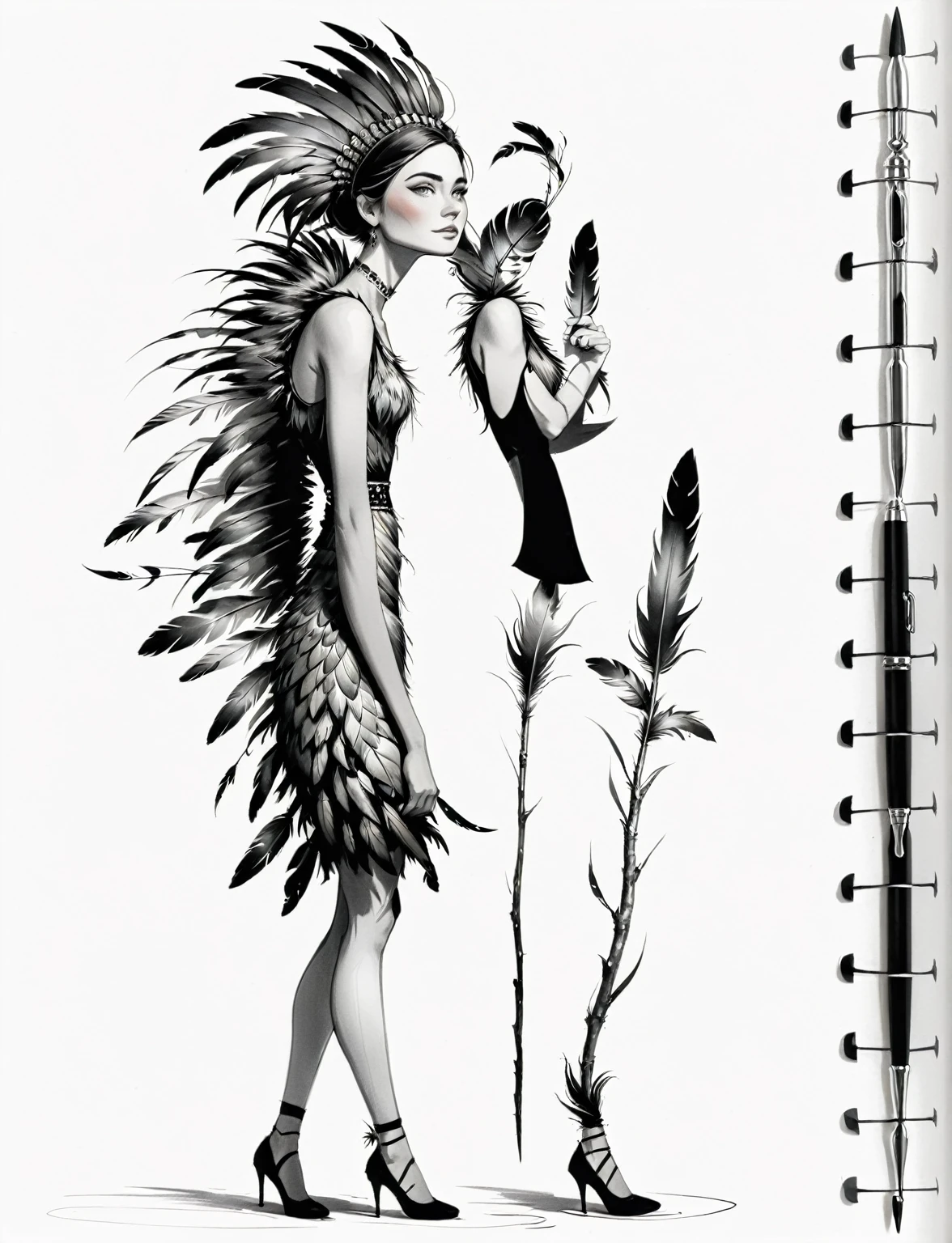 a drawing of a woman holding a backbone spine, girl with feathers, she has feathers, wearing a feather dress, feather, feathers growing from arms, made of feathers, feathers, old sketch, a sketch, feather-adorned, dress made of feathers, feather suit, inspired by Stephen Gammell, ink pen sketch, inspired by Karl Bodmer