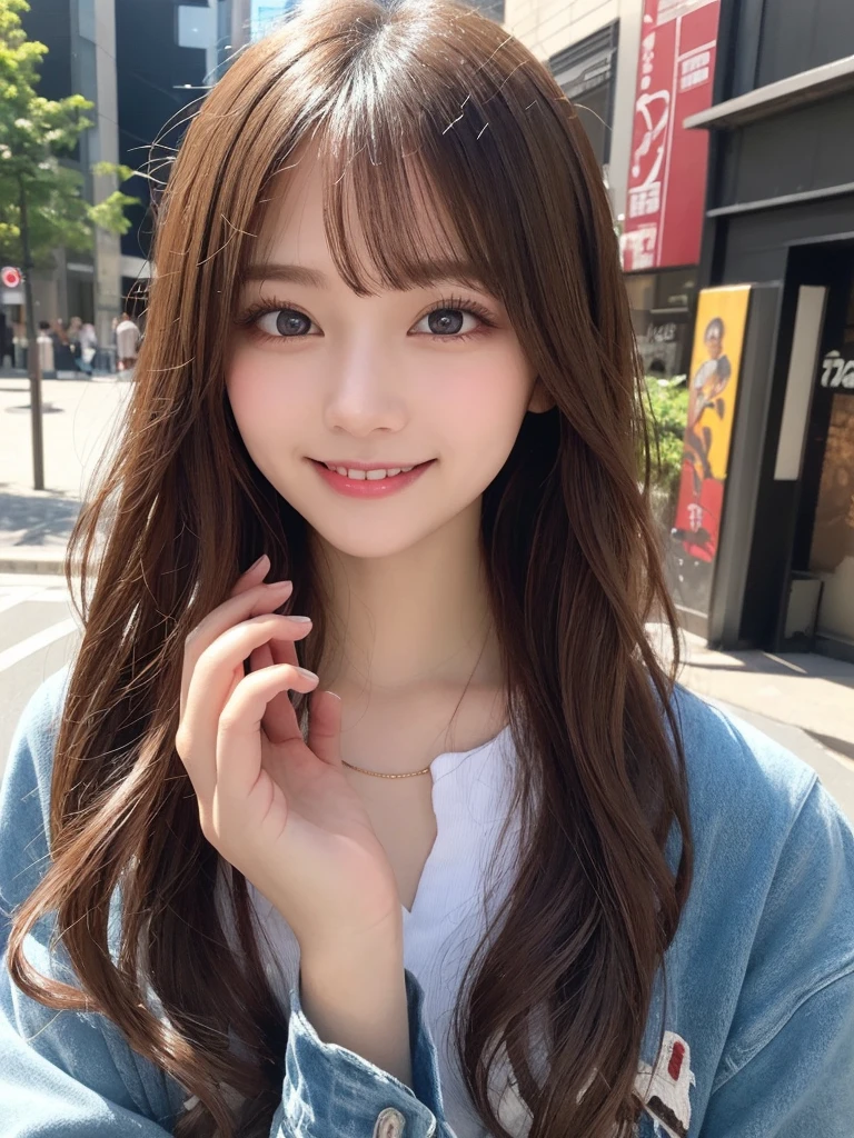 masterpiece, best quality, illustration, ultra-detailed, finely detailed, high resolution, 8K wallpaper, perfect dynamic composition, beautiful detailed eyes, Harajuku, colorful fashion, long hair, playful expression, cute, smile, looking at camera