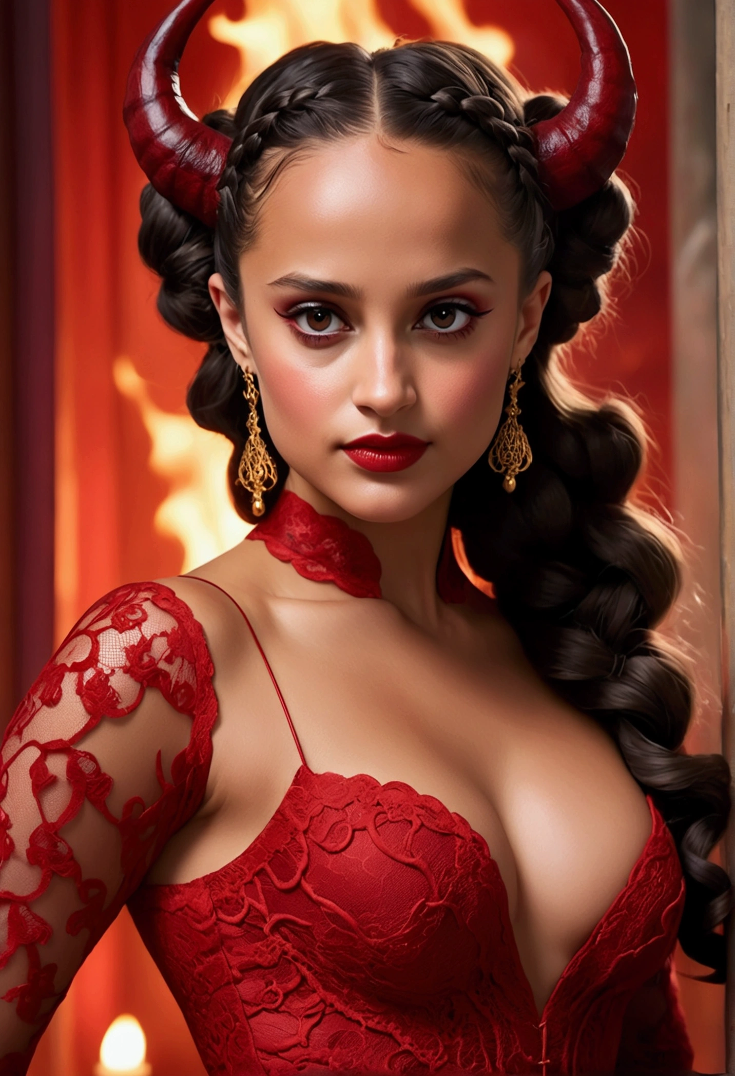 Full body shot Alicia Vikander devil, ringlets wavy five feet long black hair, updo hairstyle with ponytail on one side and long hairpins holding the bun long braid, strong thighs, dark red glossy lips, heavy red eye shadow long red eyeliner, long sharp claws, red lace beautiful and creative devil bodysuit, huge cleavage, devil horns, no earrings, no earrings, no earrings, no jewels, beautiful forehead lace ornament, posing in a feminine devil hell, happy expression, red ambience night time fire lights. No faces on her chest!