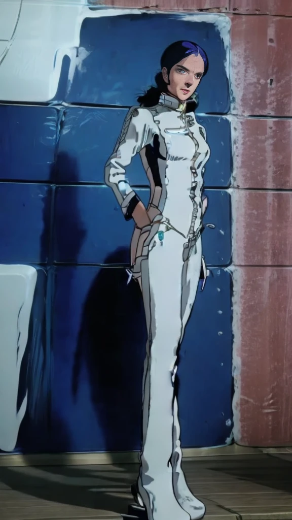 Anime girl in latex poses for a photo in front of a wall, Lara'asun、bikini、Aeon Flux Style, Mixed Style Eon Flux, AEON Flux Style Mix, Style、A blend of eternal flow, Nico Robin, Inspired by Masamune Shirow, Cassandra Cain in Satin, Perfect anime cyborg woman, A girl designed by Hajime Sorayama