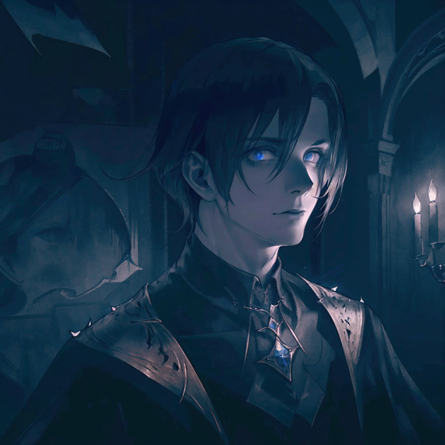 a sexy male ghost in a castle, highly detailed portrait, intricate details, chiaroscuro lighting, dark moody castle interior, dramatic shadows, glowing supernatural aura, piercing gaze, mesmerizing eyes, sharp facial features, flowing ethereal robes, ghostly pale skin, mysterious expression, moody atmospheric lighting, cinematic composition, rich color palette, dark fantasy, cinematic lighting
