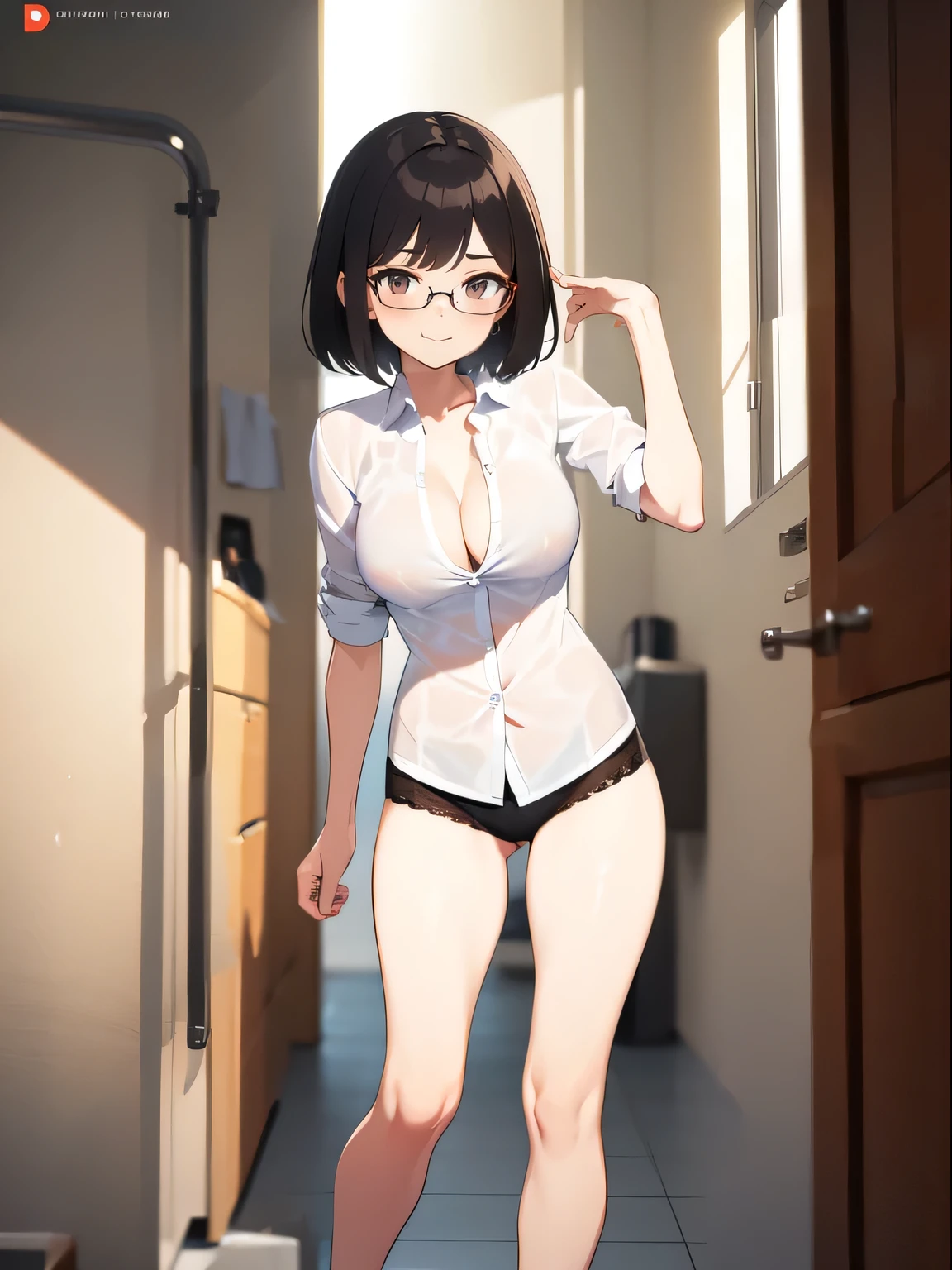 (1girl:1.3), Masterpiece, Best quality, amazing beauty, 4K, absurdres, finely detail, super detailed eye, perfect anatomy, official art, cinematic lighting, BREAK, bathroom, silky bob cut, black hair, super shiny detailed brown eyes, Staring Intently, closed-mouth smile, Eyeshadow, glasses, Looks like fun, BREAK , big breasts, tall, medium, pale skin, Are standing, full body, from front, Bold composition, Dimly light, BREAK , (Shirt button:1.2), (Cleavage is visible:1.2), BREAK,()