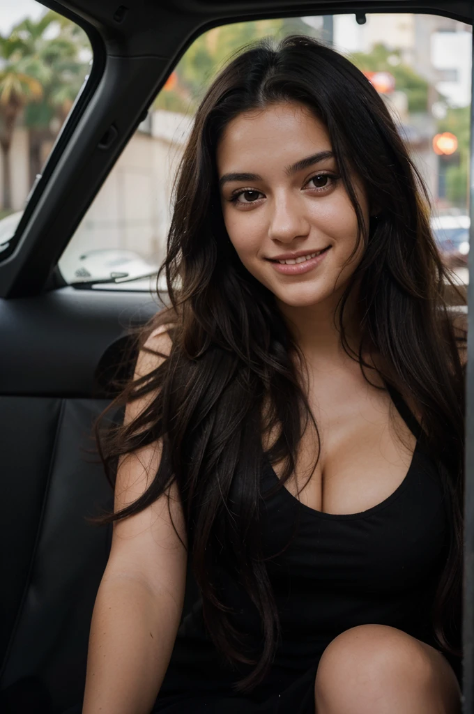 A photorealistic portrait of a smiling 20-year-old Spanish girl with long, slightly curly black hair and striking dark eyes. Capture this image with high-resolution photography using an 85mm lens for a flattering perspective. She is beautiful, attractive with beautiful shapes. She is inside a car and the photo is taken from the front
