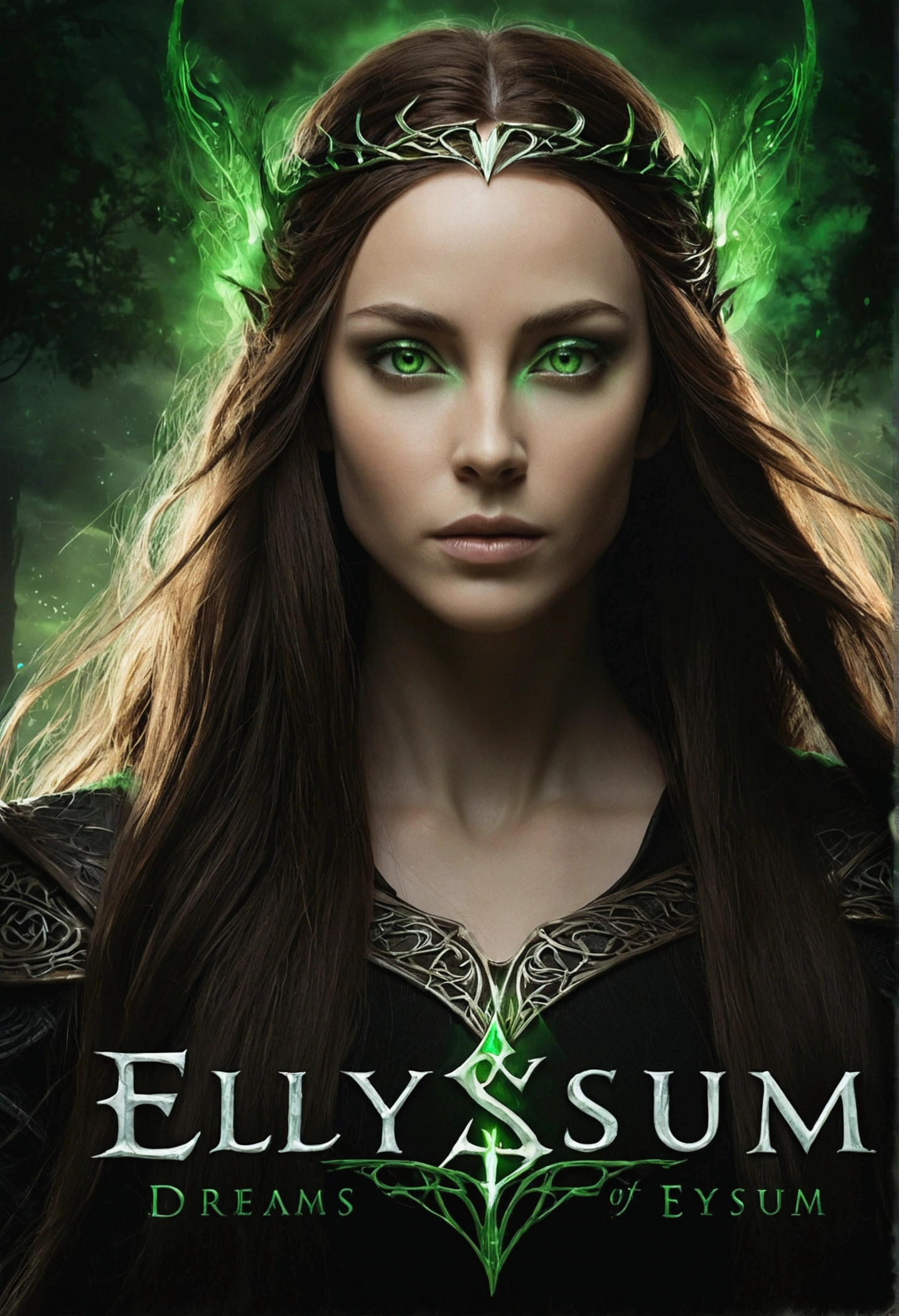 Dreams of Elysium title, dark fantasy, elven woman with long brown hair, dressed in black, green eyes, "dreams of elysium" written in runic font