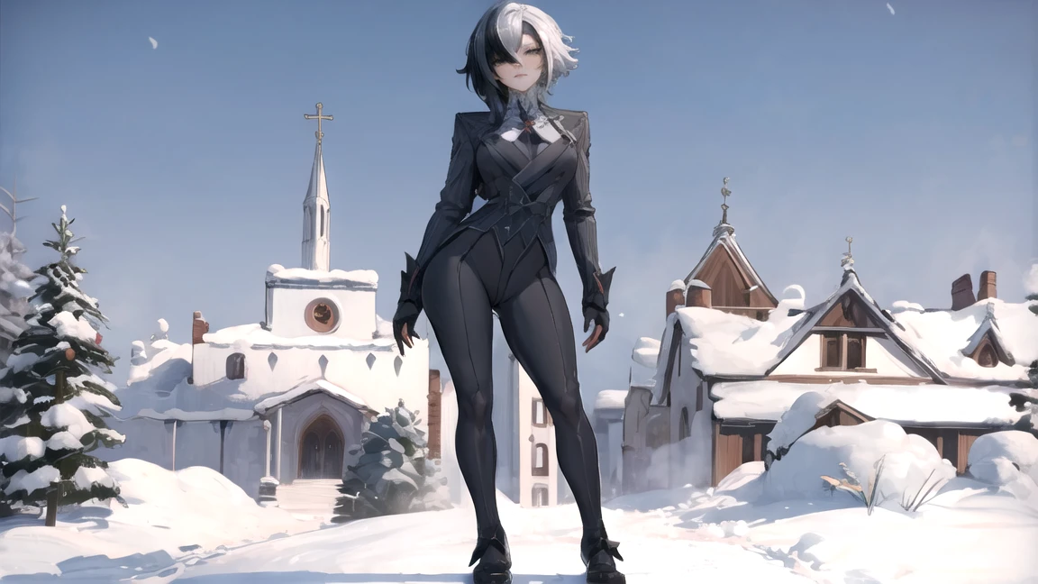 thick outlines, comics, photorealistic, perfect hands, masterpiece:1.2, beautiful figure, red crosses instead of pupils, full length (full body 1.1), кафедральный cathedral, Dark, Gothic, detailed background, snow, cathedral, 1 girl, One, White hair, black hair, multicolored hair, X-shaped pupils, black eyes, Arles_suit, , detailed background, Detailed face, detailed eyes,