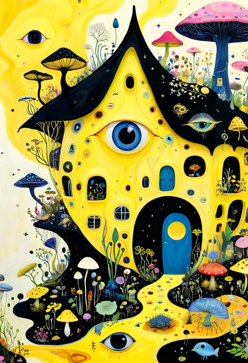 Intense visual fusion of various elements，broto，microorganism、plantar、house、Eye、wild animal life，Stitching an abstract painting，Describing the inner world of autistic people，Sense of space，blank space，interesting，innocence，psychedelic art，yellow and black