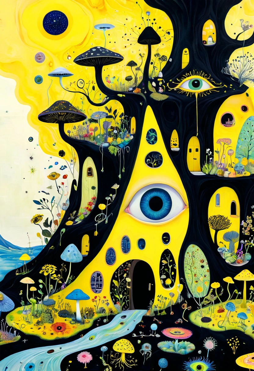 Intense visual fusion of various elements,broto,microorganism、plantar、house、Eye、wild animal life,Stitching an abstract painting,Describing the inner world of autistic people,Sense of space,blank space,interesting,innocence,psychedelic art,yellow and black