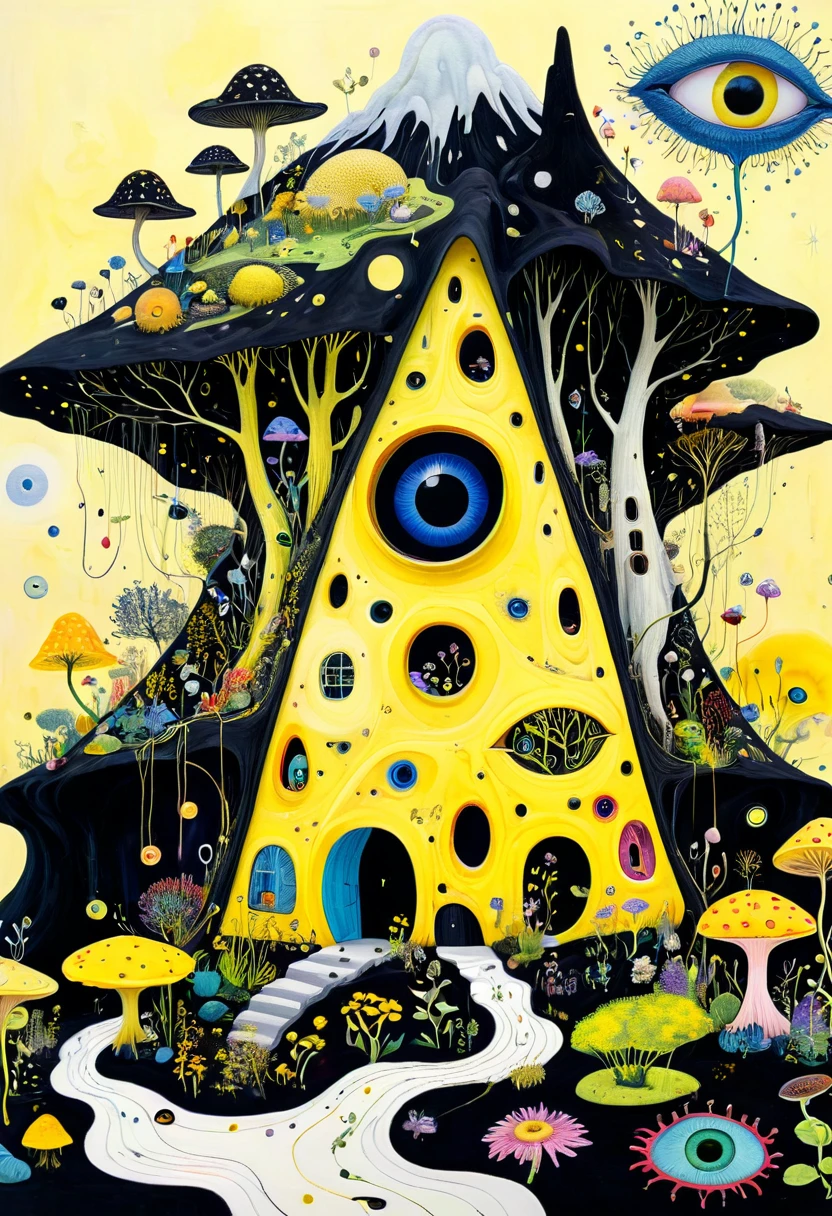 Intense visual fusion of various elements,broto,microorganism、plantar、house、Eye、wild animal life,Stitching an abstract painting,Describing the inner world of autistic people,Sense of space,blank space,interesting,innocence,psychedelic art,yellow and black