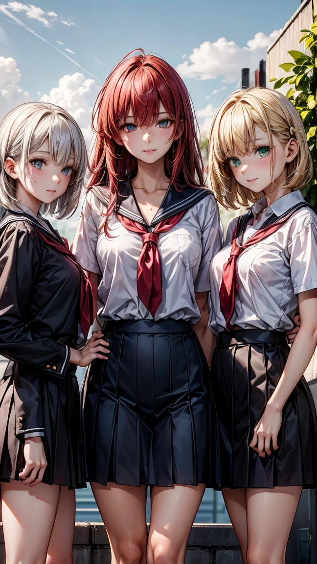 "Three 17 year old girls. The first has long yellow hair and green eyes., with tanned body. The second has white Bob hair and blue eyes, with light skin. The third has long red hair and red eyes., with dark body. The three are standing, wearing school uniforms. The background is a high school."