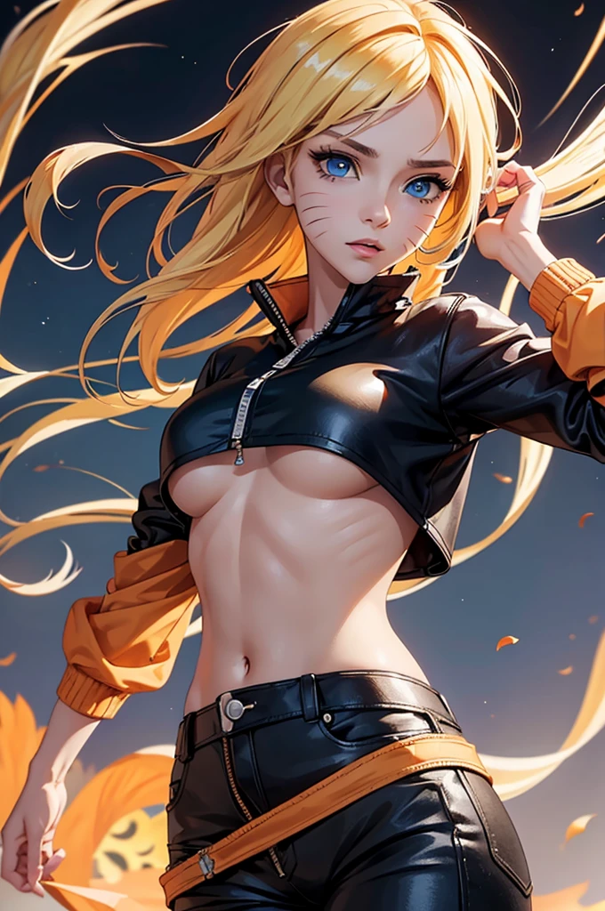 (masterpiece, best quality:1.2), expressive eyes, perfect face, highres, 1girl, solo, (female:1.5), NarukoUzumaki, blue eyes, blonde hair, long hair, facial mark, whisker markings, short hair, long sleeves, jacket, opened jacket, (naruto outfit), midriff, orange-black jacket, meshes, pants, black pants, standing, upper body, looking at the viewer