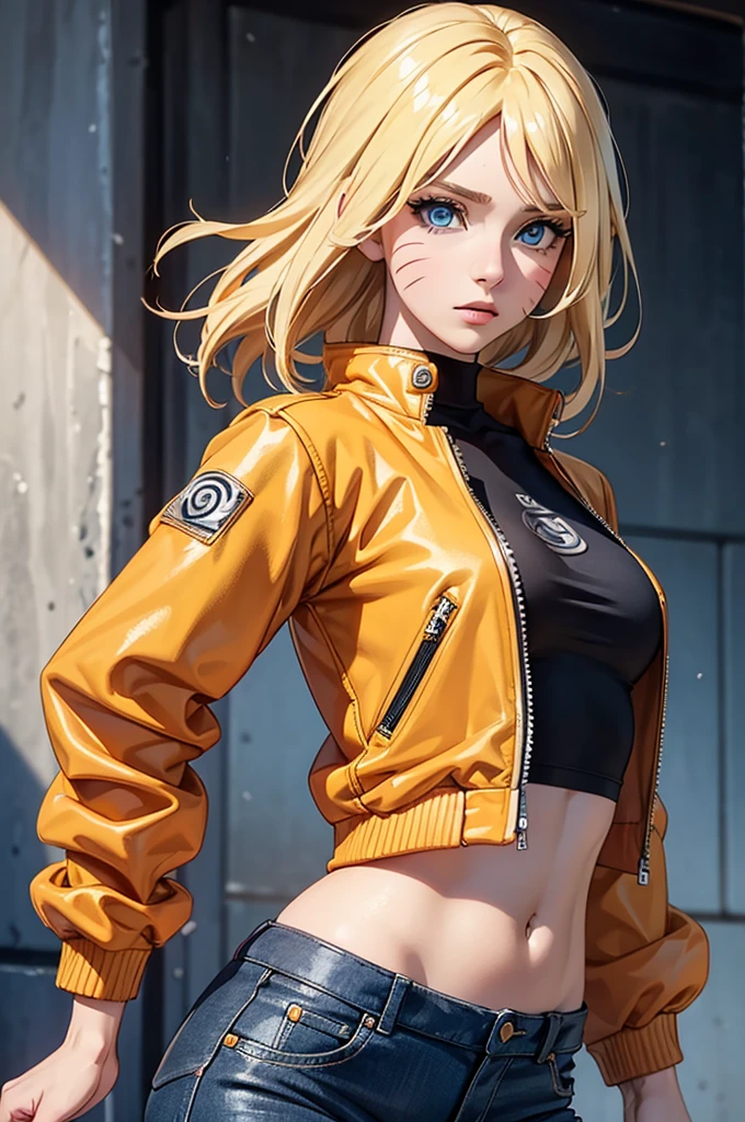(masterpiece, best quality:1.2), expressive eyes, perfect face, highres, 1girl, solo, (female:1.5), NarukoUzumaki, blue eyes, blonde hair, long hair, facial mark, whisker markings, short hair, long sleeves, jacket, opened jacket, (naruto outfit), midriff, orange-black jacket, meshes, pants, black pants, standing, upper body, looking at the viewer