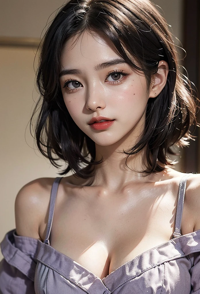 1 girl, 19 years old, south korean, 4k, masterpiece, realistic, realistic textures, frekles under eyes, short whavy black hair, bob haircut, shining purple eyes, detailed pupils, bright red lips, red eyeliners, off-shoulder top, discovered breast, gigant breast, happy, big smile, closed mouth, shrugging shoulders, multiple of frekles under eyes, detailed face, detailed eyes, facing camera, bright colors, close up, face focus.