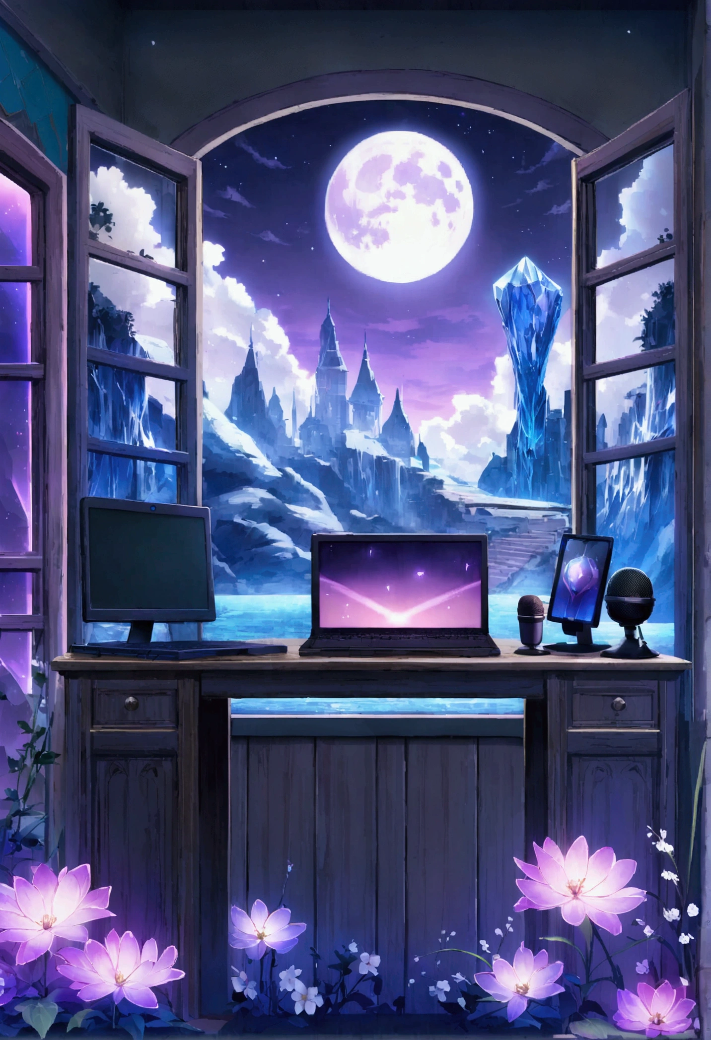 on the desk、No people、tablet、liquid crystal、moon、Purple Lights、Purple Neon、Purple gradient、pc monitor、liquid crystaltablet、smartphone、wall、dark atmosphere、Blue Neon、Blue Star、keyboard、Vocal Microphone、headphone、Large windows、scenery、white flowers and a laptop on a desk in front of a window, a digital painting inspired by Uragami Gyokudō, pixiv contest winner, magical realism, magic lab background, magical background, background art, personal room background, random background scene, anime background art, cozy cafe background, fairy tale style background, background artwork, mobile game background