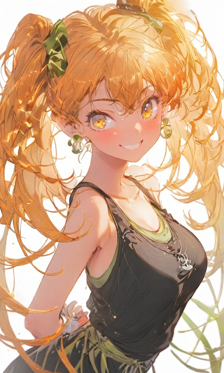 Highest quality,Yellow Eyes,Orange Hair,Side Tail,15-year-old girl,Wearing a tank top,A cheerful smile,Hands on hips,Gal Peace,Big Breasts