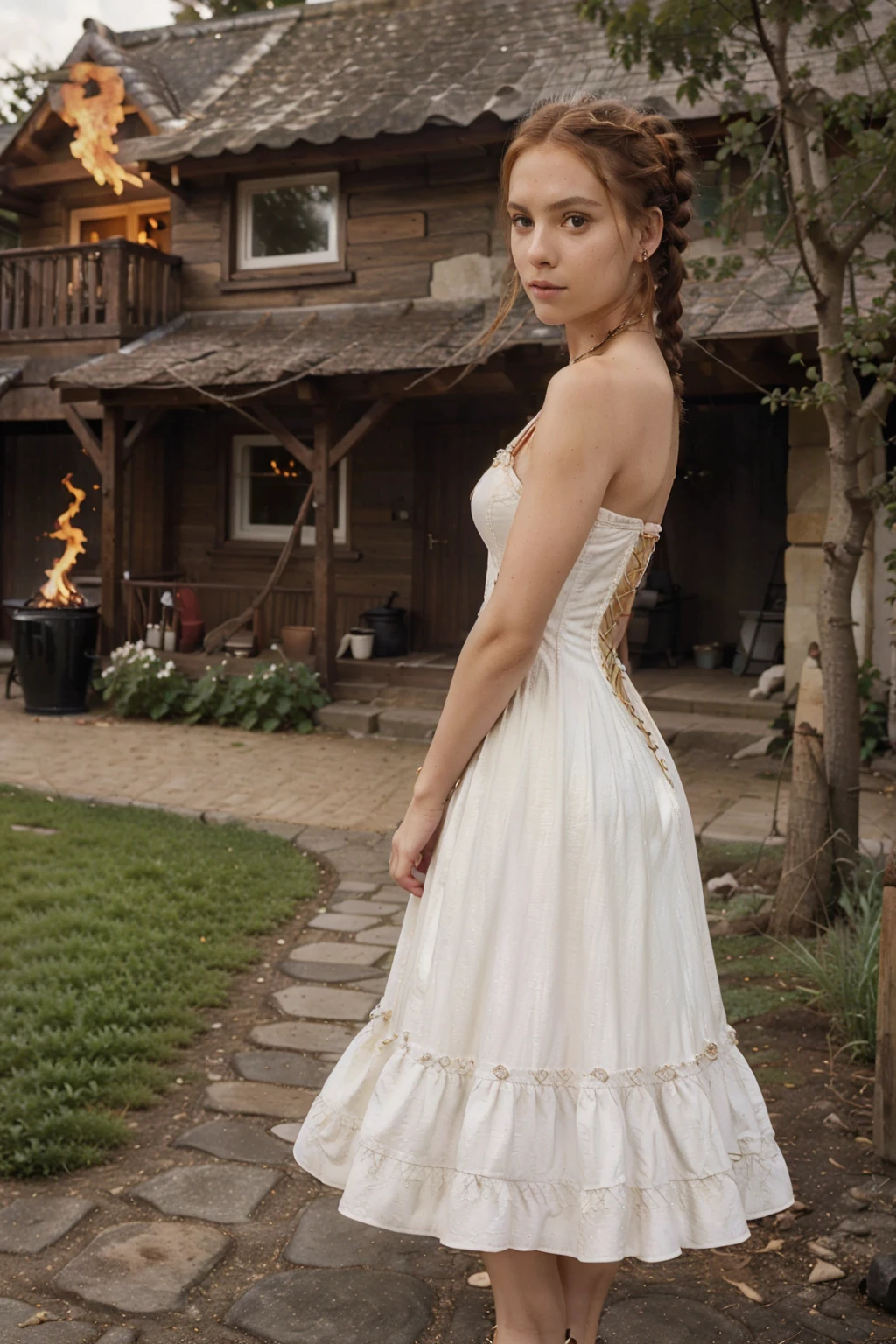 1girl, twin, the 18th, in England 1803, redhead, perfect green eyes, buns with braids, sides, recessed and with crown, ((Best Quality)), ((masterpiece)), (detailed), perfect face, beautiful, skinny, Skinny body, corset and gloves, short gold and white dresses, sexy fitted dress, detailed dresses, pearl, jewelry, in front of a castle house, rustic house, evening, flame fire, perfect garden, flores, walk