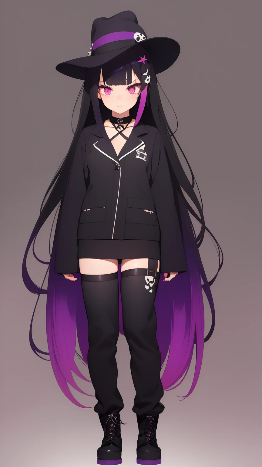 work of art, best qualityer,super fine illustration, Perfect Anatomia, anatomical correct, perfect proportion, face perfect, perfect hands, perfect legs, perfect toes, perfect hands, professional lighting, best qualityer, ultra detaild, extremely delicate and beautiful, 4K, 8k, clearly drawn face, gorgeous eyes, beautifully detailed eyes, highly-detailed eyes, (1 girl,standing alone,((black hair 1.2)(Purple Hair 1.2)fine thighs,long hair e liso, blunt bangs, (multicolored hair:1.5),(two tone hair:1.2), (gradient hair:1.3), multi colored eyes, standing, long hair, looking ahead at viewer, blush, , choker, thigh strap, (eyeliner:1.2), ombre, へそ, tummy, pink eyes, combat boots, skull hair clip, plain black hat, Black jacke, Purple pants, cinta, simply white background, fit the screen