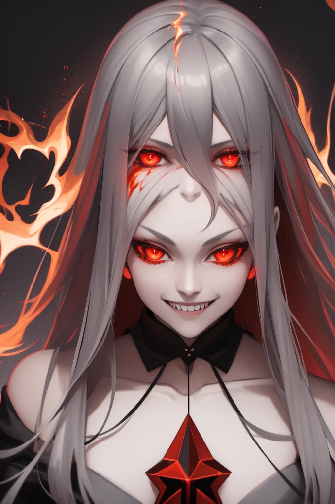 1 girl, by the steering wheel, Red eyes, Fire Witch, blood on the face, light particles, lightning bolts, Wallpaper, showy, high contrast, vampire, affected smile, evil smile, psychopathic affected smile, psychopathic smile, tilted head