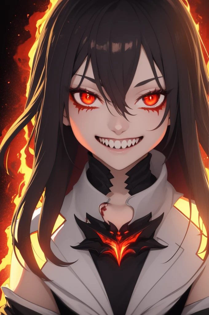 ((masterpiece)), best quality, 8k, high quality, high resolution, super detailed, ultra detailed, photorealistic, malevolent and finely detailed face and eyes, ultra detailed and detailed skin texture, demonic eyes, perfect face, 1 girl, onyx-black hair, (onyx-black kimono), crimson eyes, (sinister aura), surrounded by flickering black flames, a cursed talisman in hand, ominous expression, ((malevolent grin)), night, shadowy realm, swirling darkness, ominous ambiance, (whispering shadows), (sinister whispers), since time immemorial, Akuma, demonic eyes, background of ominous darkness.