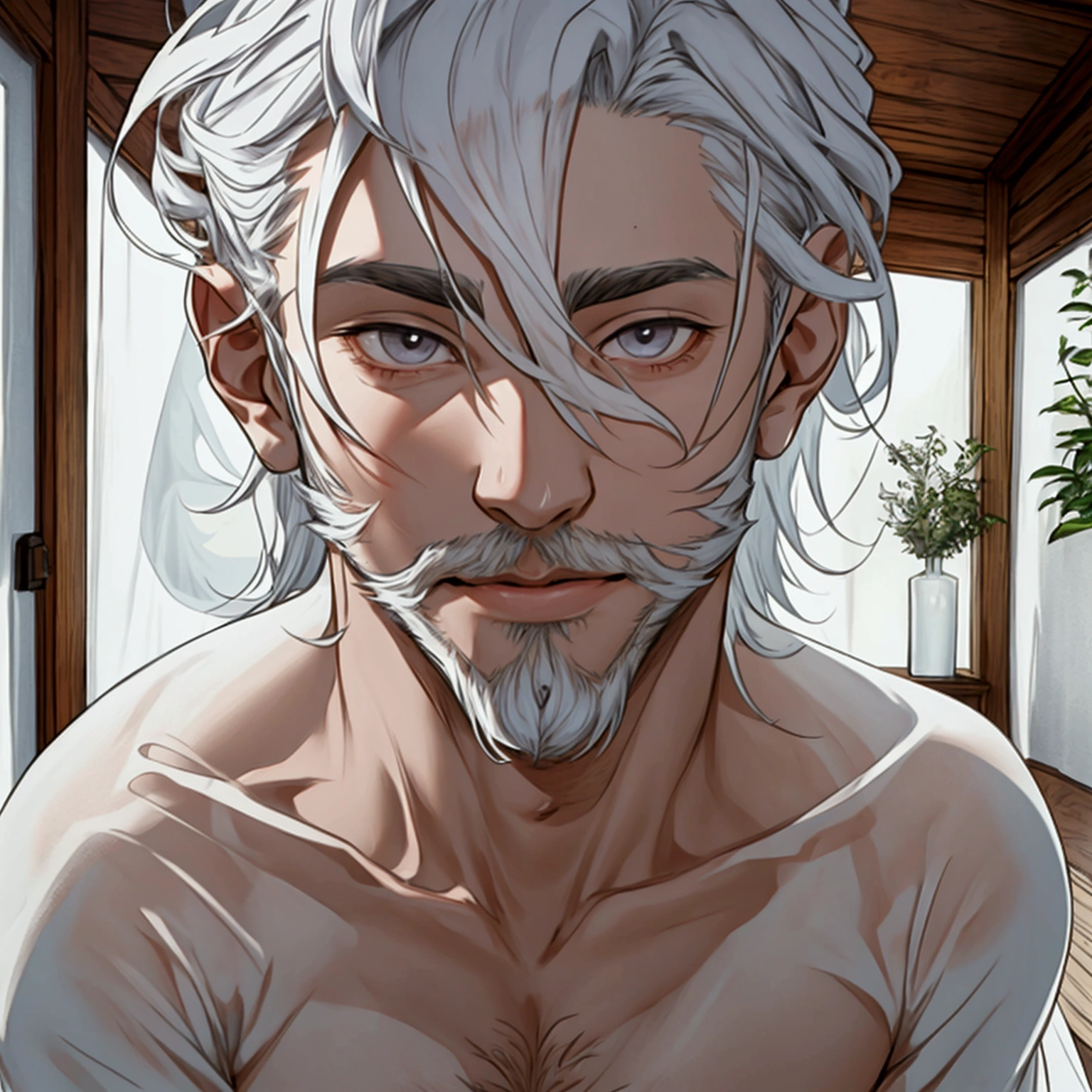 a sexy male ghost who is nearly naked inside of a house with transparent skin and a cute look to his face, looks abit gruffy, has a light beard to him