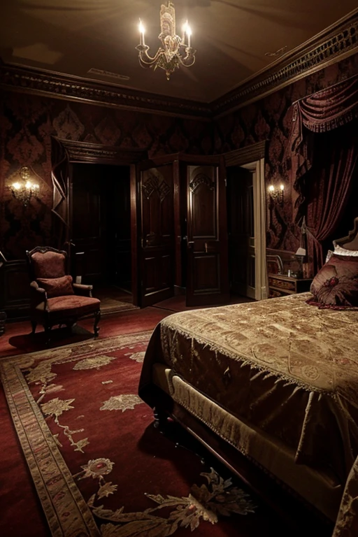 Room in the house from the horror movie Rose Red, victorian mansion, aisle, luxury, extravagant, never, lovely, baroque and excessive decoration, delusional, terrifying, Winchester mansion.
