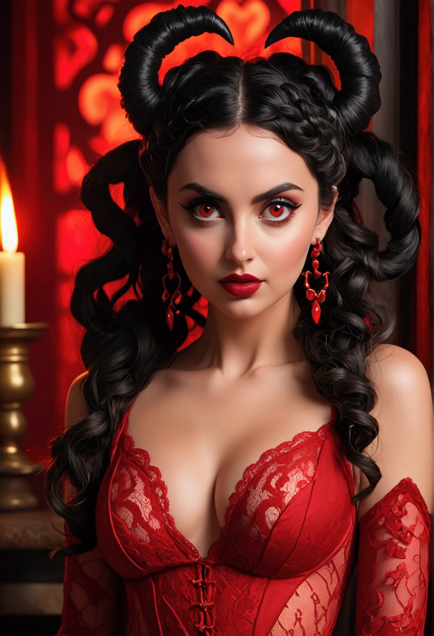 Full body shot Ana de Armas devil, ringlets wavy five feet long black hair, updo hairstyle with ponytail on one side and long hairpins holding the bun long braid, strong thighs, dark red glossy lips, heavy red eye shadow long red eyeliner, long sharp claws, red lace beautiful and creative devil bodysuit, huge cleavage, devil horns, no earrings, no earrings, no earrings, no jewels, beautiful forehead lace ornament, posing in a feminine devil hell, happy expression, red ambience night time fire lights. No faces on her chest!