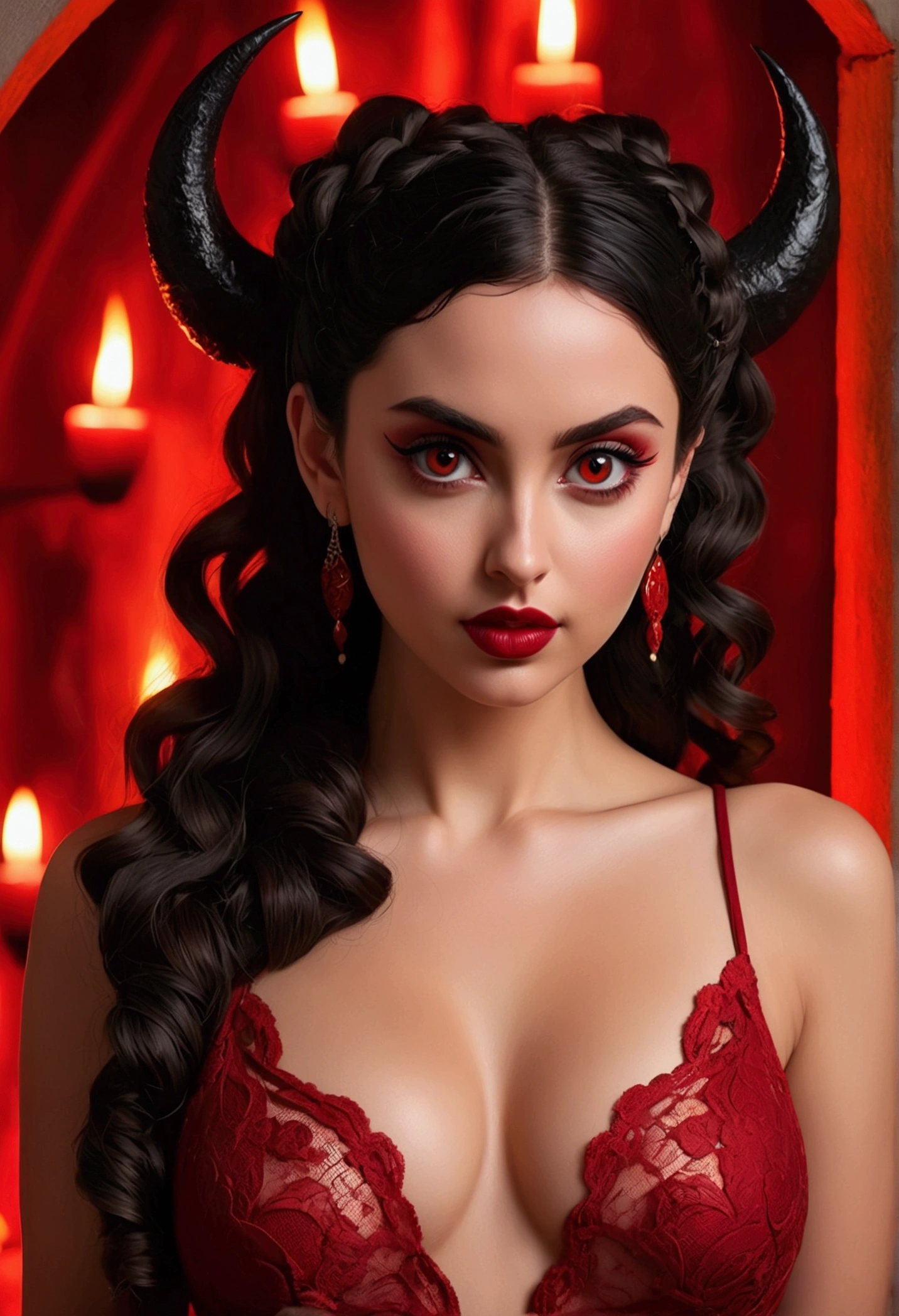 Full body shot Ana de Armas devil, ringlets wavy five feet long black hair, updo hairstyle with ponytail on one side and long hairpins holding the bun long braid, strong thighs, dark red glossy lips, heavy red eye shadow long red eyeliner, long sharp claws, red lace beautiful and creative devil bodysuit, huge cleavage, devil horns, no earrings, no earrings, no earrings, no jewels, beautiful forehead lace ornament, posing in a feminine devil hell, happy expression, red ambience night time fire lights. No faces on her chest!