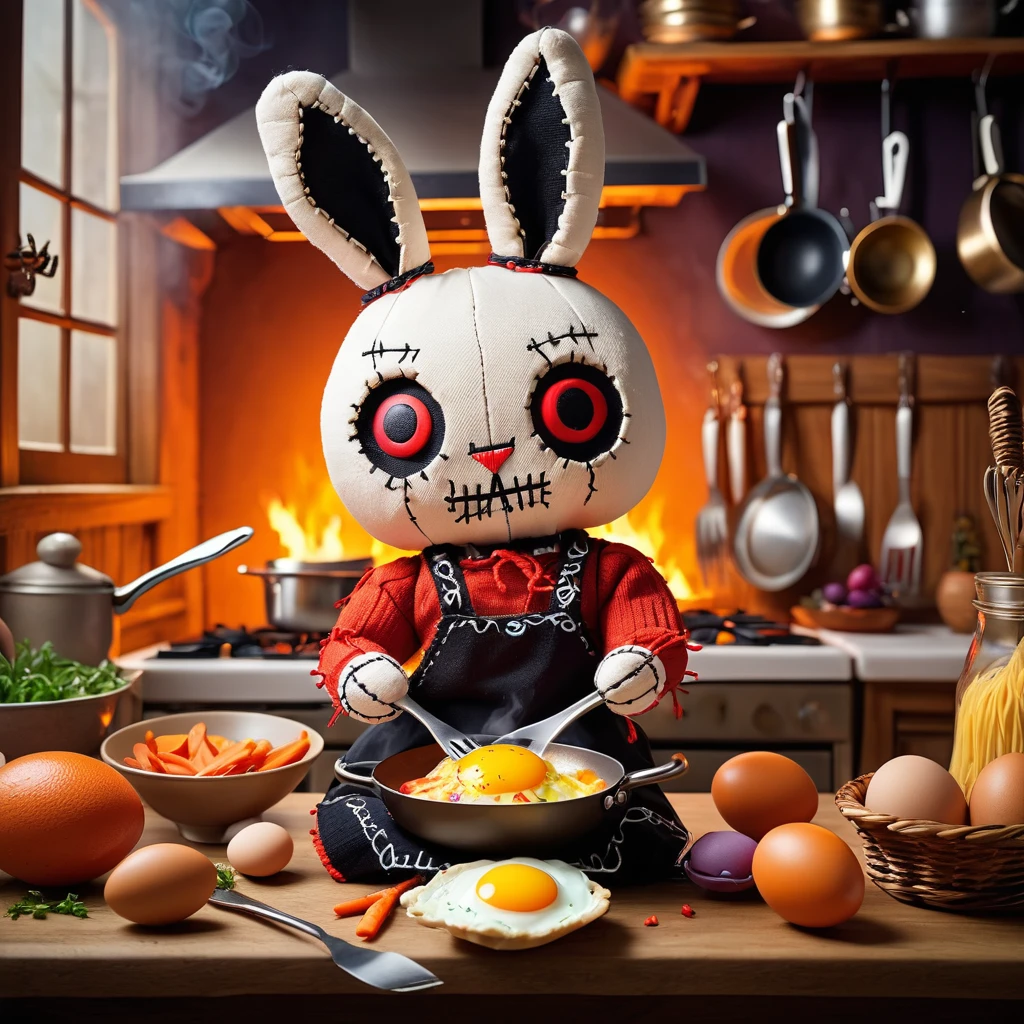 (knitted toy voodoo doll:1.7), (Voodoo Rabbit Making Breakfast:1.3), (Clothing: apron with carrot patterns:1.0), (Accessories: enchanted frying pan, glowing eggs:1.2), (background: cozy kitchen with floating utensils and mystical steam:1.2), best quality, masterpiece, detailed soft oil painting, detailed background, dramatic cinematic lighting, soft edge lighting, professional, dramatic lighting, hard edge lighting, ultra quality, 4k, masterpiece, best quality, 8k, ultra high definition, high resolution, extremely detailed