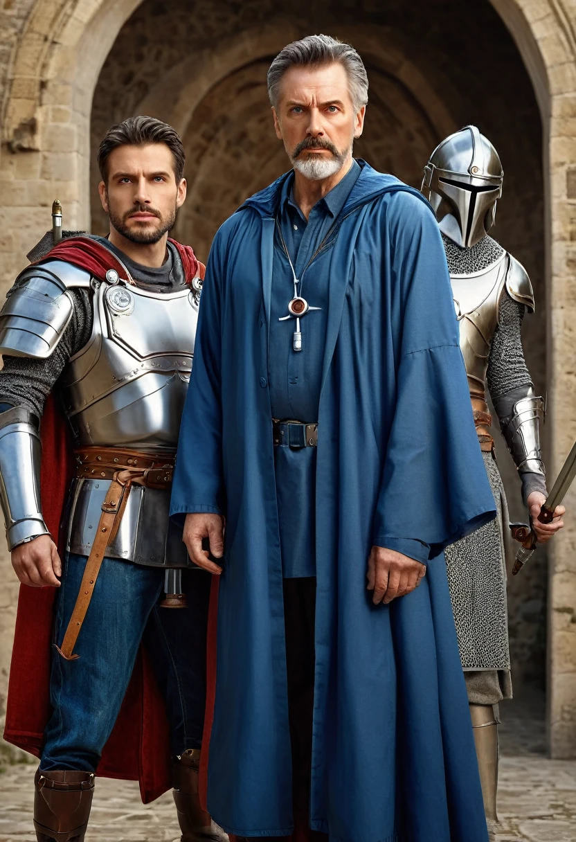 (best qualityer,4K,8k,high resolution,work of art:1.2),super verbose,(real,Photoreal,photo-real:1.37), the futuristic doctor and a medieval warrior for the cover of a book.