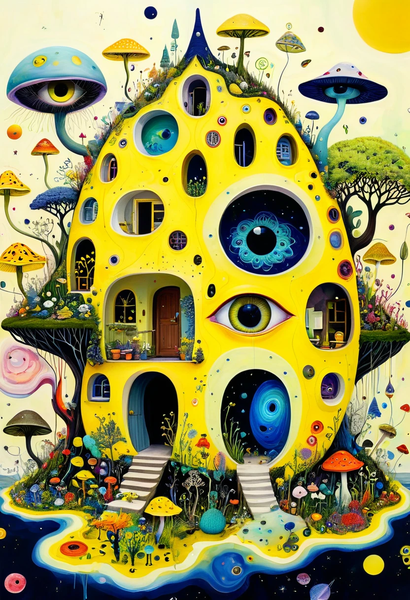 Intense visual fusion of various elements,broto,microorganism、plantar、house、Eye、wild animal life,Stitching an abstract painting,Describing the inner world of autistic people,Sense of space,blank space,interesting,innocence,psychedelic art,yellow