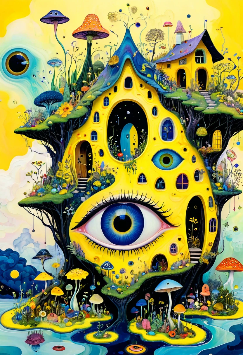 Intense visual fusion of various elements，broto，microorganism、plantar、house、Eye、wild animal life，Stitching an abstract painting，Describing the inner world of autistic people，Sense of space，blank space，interesting，innocence，psychedelic art，yellow