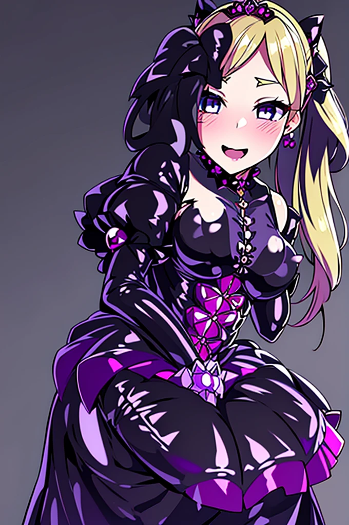 cure flora, 1 girl, blonde hair, black hair ornament, (gothic lolita:1.3), black skirt, black tiara, wrist cuffs, black gloves, (black gothic dress:1.3), low bat wings, black fur, blush cheeks, black enamel boots, corruption, half-closed eyes, Jewelry, no pupils, (evil smile), (shiny fabric:1.5) open mouth, dark magical girl