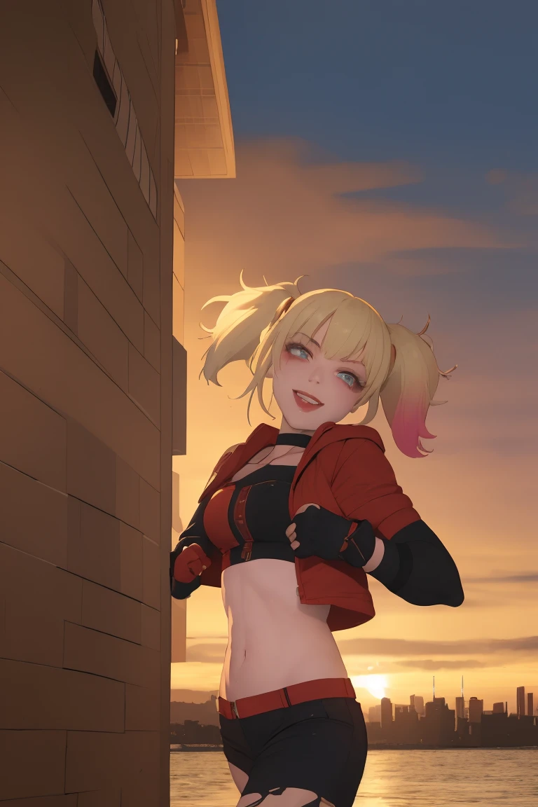 (masterpiece, best quality:1.2), solo, 1girl, isekaiharley, smile, looking at viewer, running, twintails, v-shaped eyebrows, two-tone jacket, crop top, short shorts, torn pantyhose, fingerless gloves, choker, spiked bracelet, cityscape scenery, running, sunset