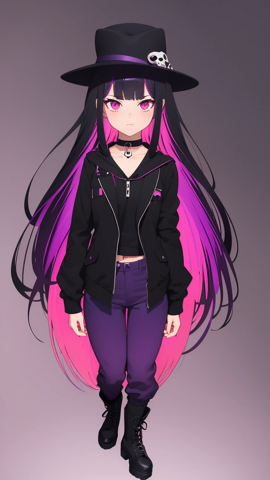 work of art, best qualityer,super fine illustration, Perfect Anatomia, anatomical correct, perfect proportion, face perfect, perfect hands, perfect legs, perfect toes, perfect hands, professional lighting, best qualityer, ultra detaild, extremely delicate and beautiful, 4K, 8k, clearly drawn face, gorgeous eyes, beautifully detailed eyes, highly-detailed eyes, (1 girl,standing alone,((black hair 1.2)(Purple Hair 1.2)fine thighs,long hair e liso, blunt bangs,  (multicolored hair:1.5),(two tone hair:1.2),  (gradient hair:1.3), multi colored eyes, standing, long hair, looking ahead at viewer, blush, , choker,  thigh strap, (eyeliner:1.2), ombre, へそ, tummy, pink eyes, combat boots, skull hair clip, plain black hat, Black jacke, Purple pants, cinta, simply white background, fit the screen