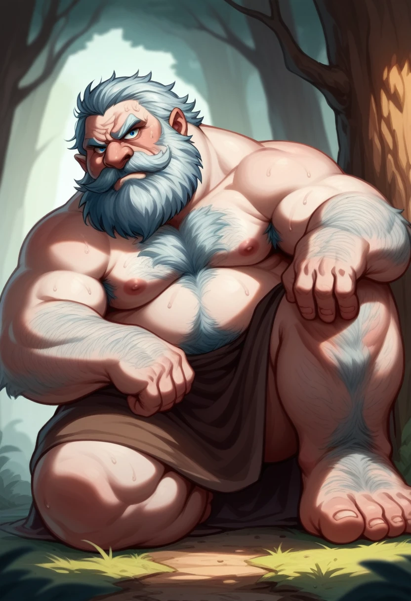 Dwarven Elder　fat　Plump　Glaring face　Blue Eyes　Short　large round nose　Age Line　In the woods　　全naked　Short Hair　A very long, large, fluffy, bouncy white beard　Bouncy mustache　Long, wide beard　Frowning　Deep wrinkles on the face　naked　筋肉は少ないfat　Hairy white body hair　hairy chest hair　　Sweat　Anime taste　Armpit hair　sleep　Head downwards view　Feet on top　Knee Up　