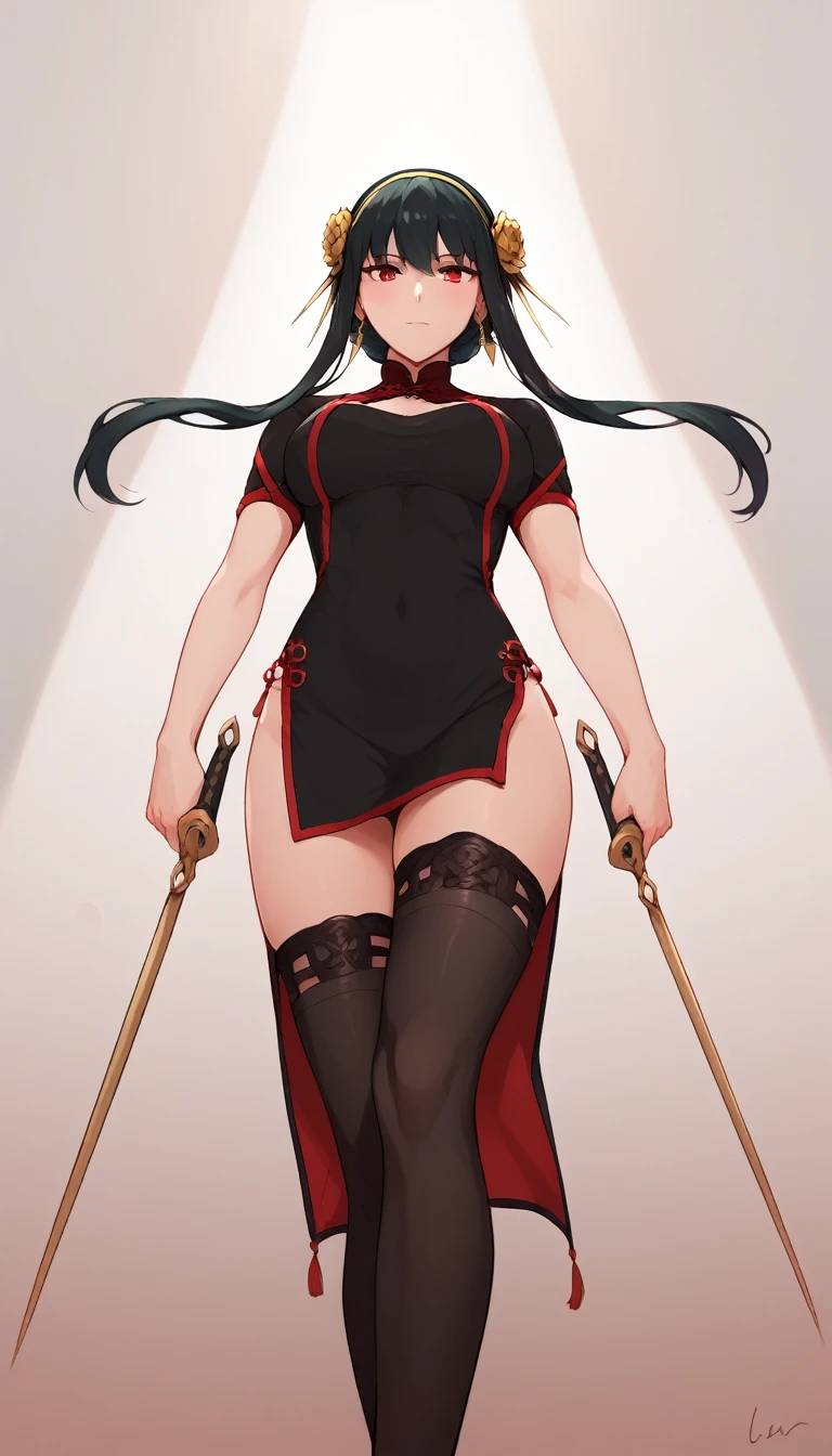 XUER Yor Forger,1girl,yor briar,solo,dual wielding,red eyes,holding,dress,thighhighs,black hair,jewelry,black dress,earrings,black thighhighs,from below,floral print,hairband,gold hairband,two-sided dress,breasts,holding weapon,sidelocks,hair ornament,long hair,floating hair,two-sided fabric,china dress,flower,chinese clothes,short sleeves,bangs,closed mouth,hair flower,
