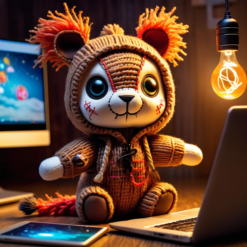 (knitted toy voodoo doll:1.7), (Voodoo Squirrel Surfing the Web:1.3), (Clothing: cozy hoodie with acorn designs:1.0), (Accessories: enchanted laptop, glowing mouse:1.2), (background: cozy room with floating data symbols and mystical light:1.2), best quality, masterpiece, detailed soft oil painting, detailed background, dramatic cinematic lighting, soft edge lighting, professional, dramatic lighting, hard edge lighting, ultra quality, 4k, masterpiece, best quality, 8k, ultra high definition, high resolution, extremely detailed