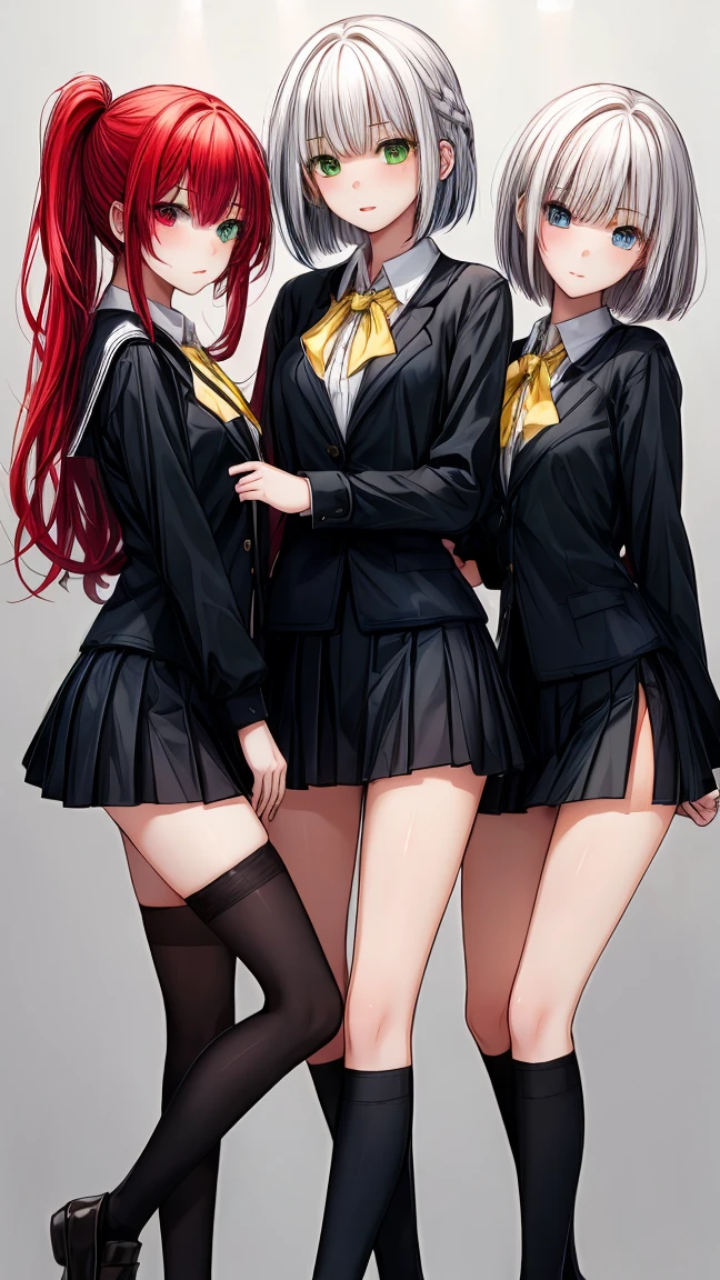 "Three 17 year old girls. The first has long yellow hair and green eyes., with tanned body. The second has white Bob hair and blue eyes, with light skin. The third has long red hair and red eyes., with dark body. The three are standing, wearing school uniforms. The background is a high school."