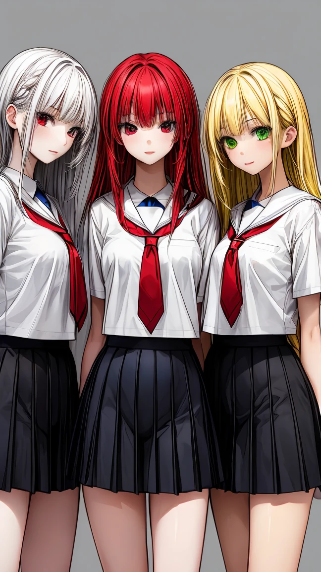 "Three 17 year old girls. The first has long yellow hair and green eyes., with tanned body. The second has white Bob hair and blue eyes, with light skin. The third has long red hair and red eyes., with dark body. The three are standing, wearing school uniforms. The background is a high school."