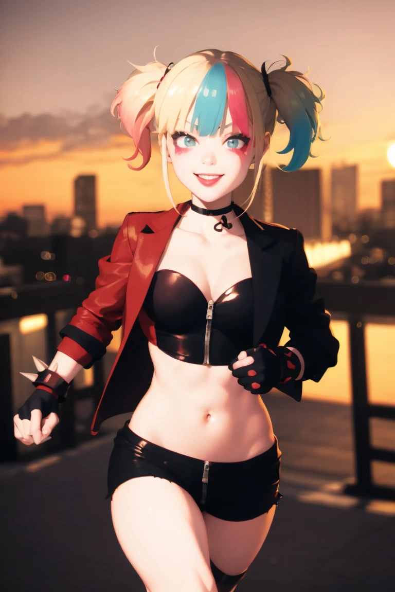 (masterpiece, best quality:1.2), solo, 1girl, isekaiharley, smile, looking at viewer, running, twintails, v-shaped eyebrows, two-tone jacket, crop top, short shorts, torn pantyhose, fingerless gloves, choker, spiked bracelet, cityscape scenery, running, sunset