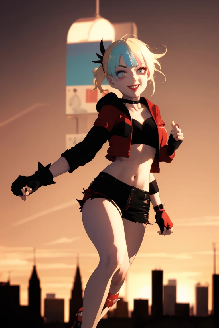 (masterpiece, best quality:1.2), solo, 1girl, isekaiharley, smile, looking at viewer, running, twintails, v-shaped eyebrows, two-tone jacket, crop top, short shorts, torn pantyhose, fingerless gloves, choker, spiked bracelet, cityscape scenery, running, sunset