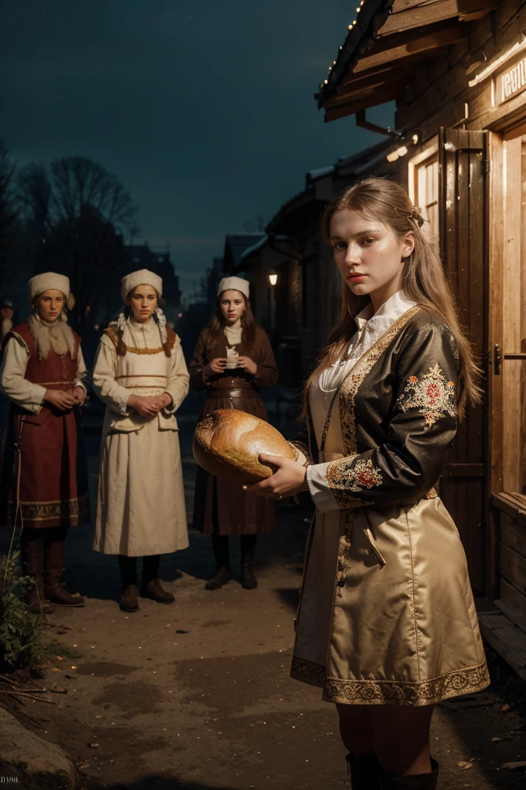 Painting of a group of women and men in traditional Russian folk clothes, holding a loaf, against the backdrop of an ancient Slavic settlement with cinematic lighting, volumetric light, bright colors, clear focus, в стиле 8 K, gaining popularity on ArtStation, extremely detailed, 8 K, Hyper-detailed, high resolution, 4k, Digital art, high resolution, движок Unreal, 4k, beautiful colors